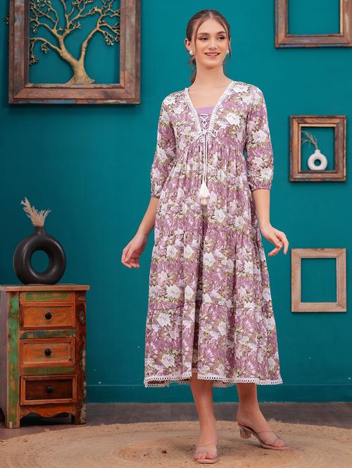 women lavender floral printed tiered ethnic dress - 21731095 - Very Small Image - 1