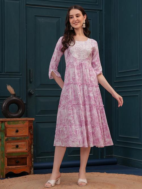 women pink printed round neck tiered ethnic dress - 21731097 - Very Small Image - 1