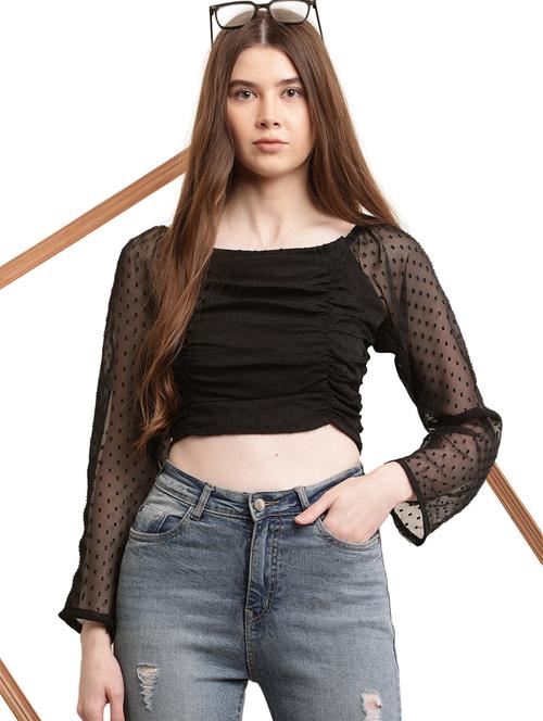 women solid long sleeves ruched crop top - 21731107 - Very Small Image - 1