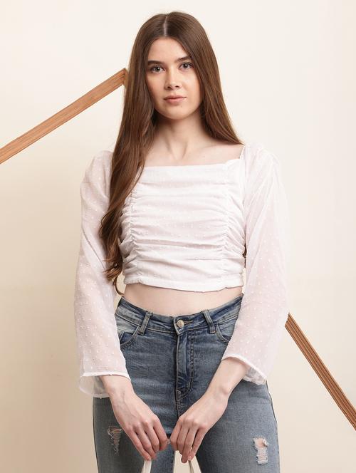 women solid long sleeves ruched crop top - 21731109 - Very Small Image - 1