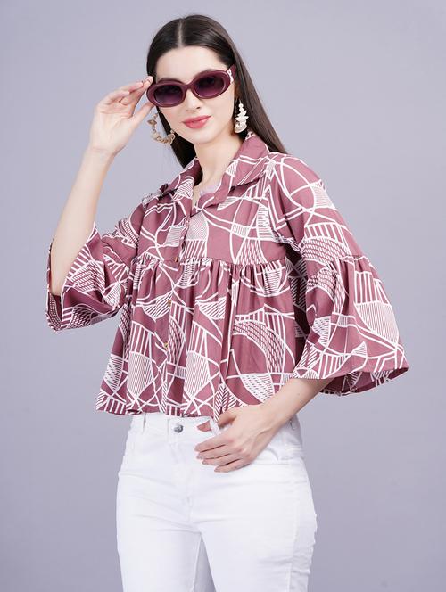 women printed bell sleeves flared top - 21731118 - Very Small Image - 1