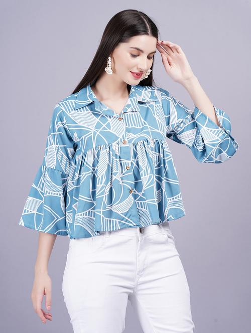 women printed bell sleeves flared top - 21731119 - Very Small Image - 1