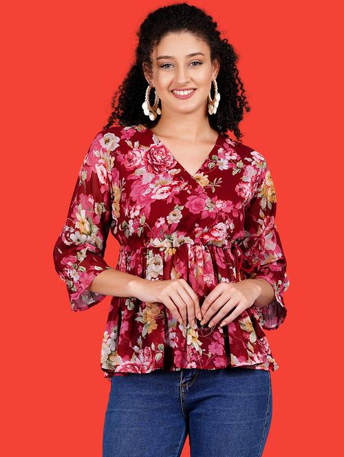 women floral print overlap neck peplum top - 21731132 - Very Small Image - 1