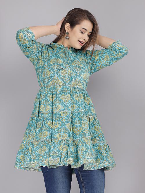 women tie up neck printed tiered kurti - 21731153 - Very Small Image - 1