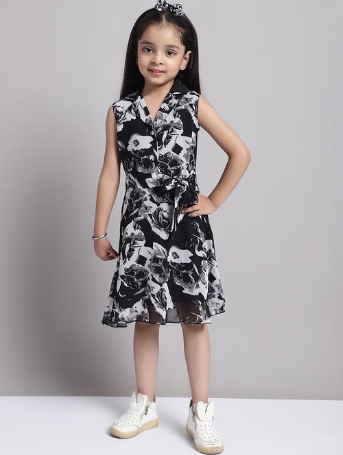 girls black lapel neck a-line regualr fit dress - 21731680 - Very Small Image - 1