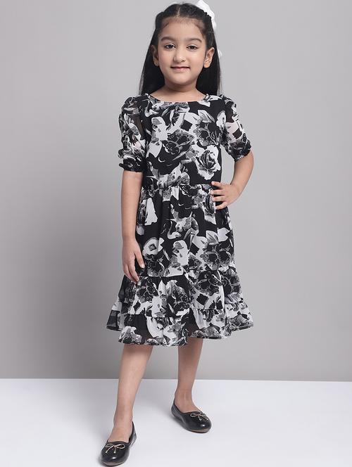 girls black round neck regualr fit tiered dress - 21731718 - Very Small Image - 1