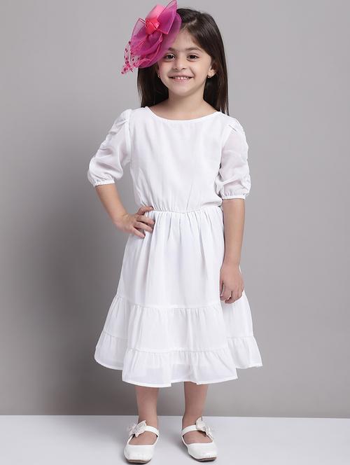 girls white round neck regualr fit tiered dress - 21731722 - Very Small Image - 1