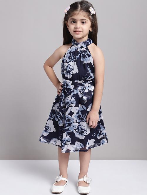 girls navy blue halter neck a-line dress - 21731765 - Very Small Image - 1