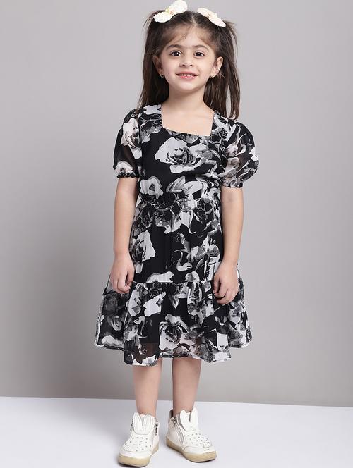 girls black puff sleeve regualr fit tiered dress - 21731802 - Very Small Image - 1
