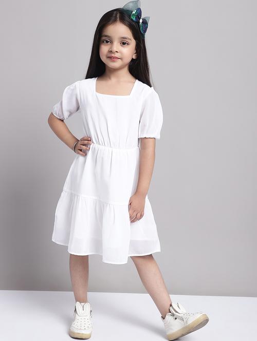 girls white puff sleeve regualr fit tiered dress - 21731806 - Very Small Image - 1