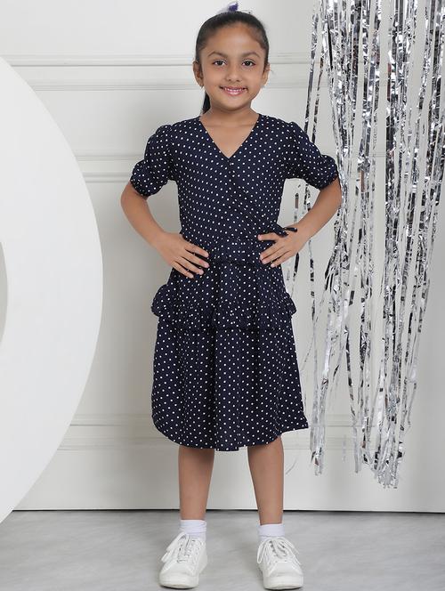 girls navy blue polka dot puff sleeve tiered dress - 21731820 - Very Small Image - 1