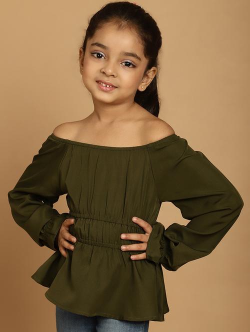 girls olive solid off shoulder top - 21732056 - Very Small Image - 1