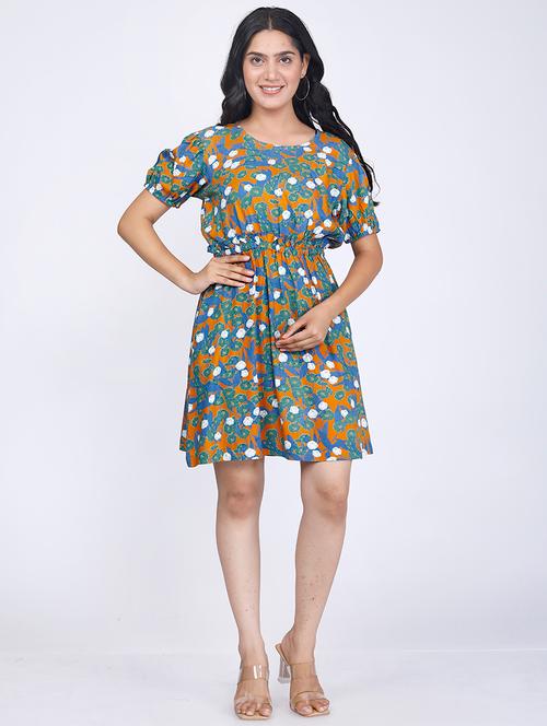 women orange floral short sleeve a-line dress - 21732870 - Very Small Image - 1