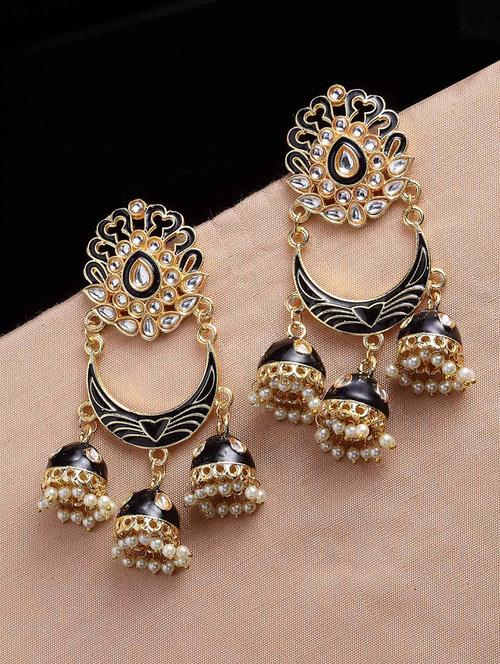 black & gold plated crescent shaped kundan jhumkas earrings - 21733287 - Very Small Image - 1