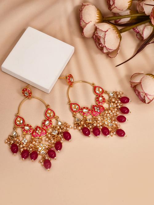 gold plated kundan stone and meenakari pearl chandballi earrings - 21733322 - Very Small Image - 1