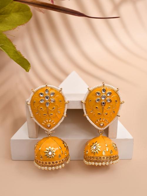 yellow & gold-plated dome shaped kundan stone jhumkas earrings - 21733324 - Very Small Image - 1