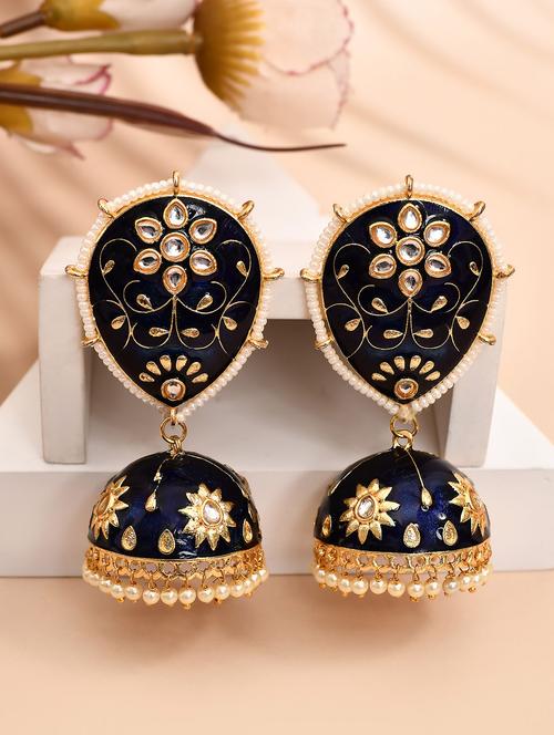 navy blue & gold-plated dome shaped kundan stone jhumkas earrings - 21733327 - Very Small Image - 1