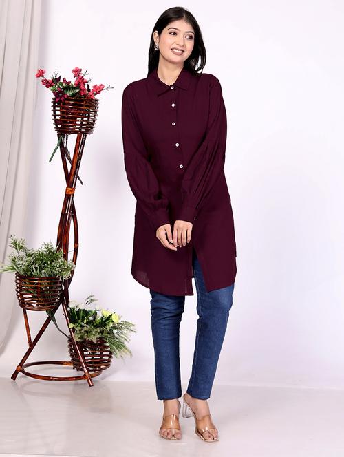 women burgundy solid long sleeve relaxed fit shirt - 21733591 - Very Small Image - 1