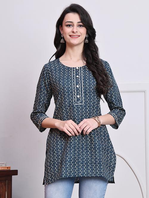 women teal printed round neck straight kurti - 21737453 - Very Small Image - 1