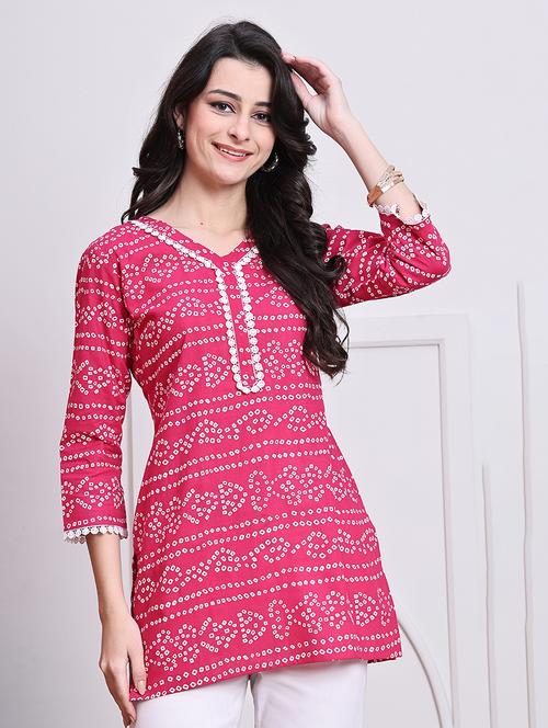 women bandhani printed v neck straight kurti - 21737456 - Very Small Image - 1