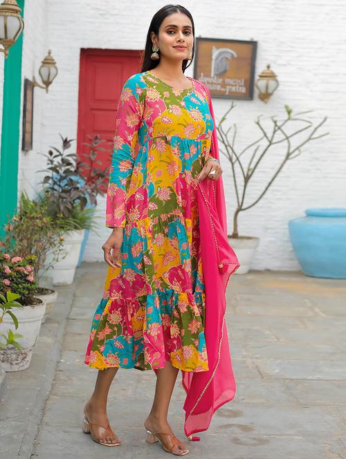 women multi color printed tiered dress with dupatta - 21737521 - Very Small Image - 1