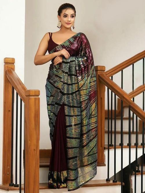 women maroon embellished saree with blouse - 21737716 - Very Small Image - 1