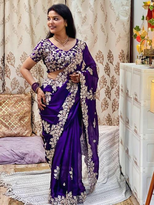 women purple embroidered saree with blouse - 21737717 - Very Small Image - 1