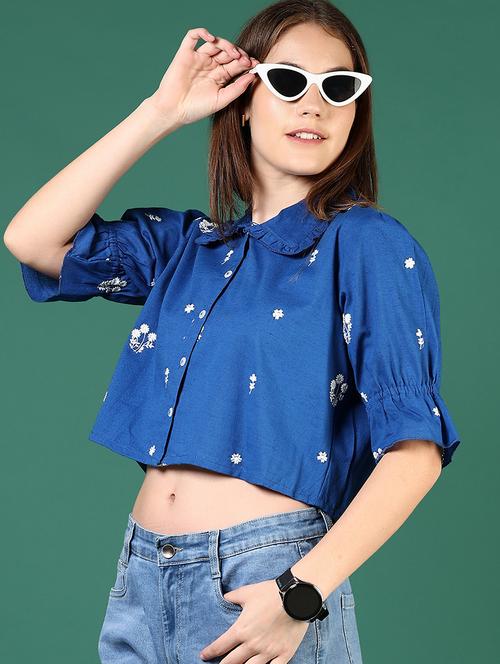 women blue embroidered puff sleeve crop top - 21737829 - Very Small Image - 1