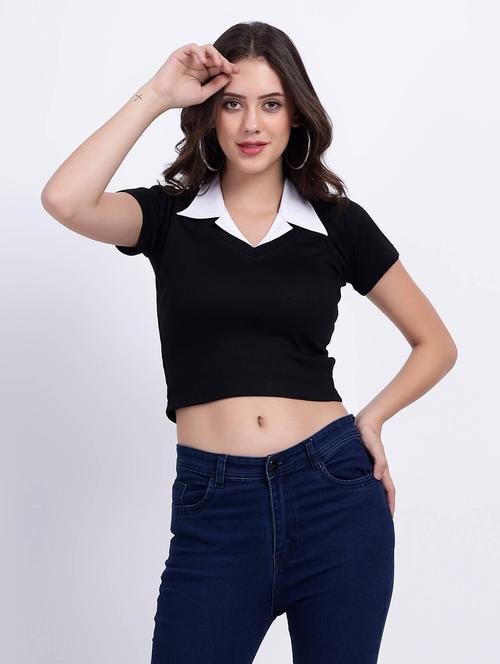 women plain collared cheerleader style crop top - 21738015 - Very Small Image - 1