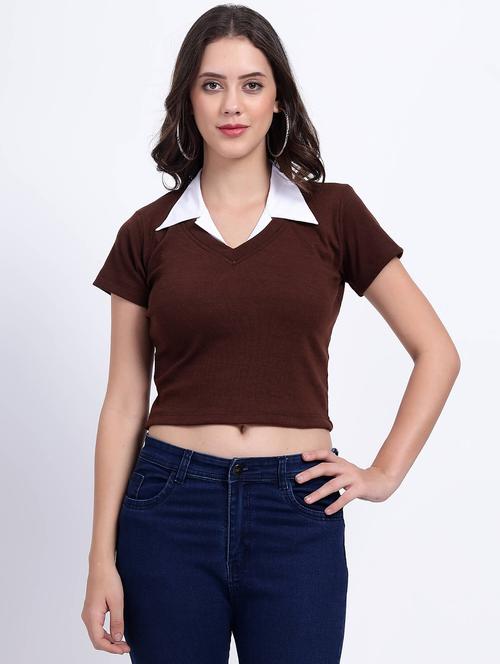 women plain collared cheerleader style crop top - 21738016 - Very Small Image - 1