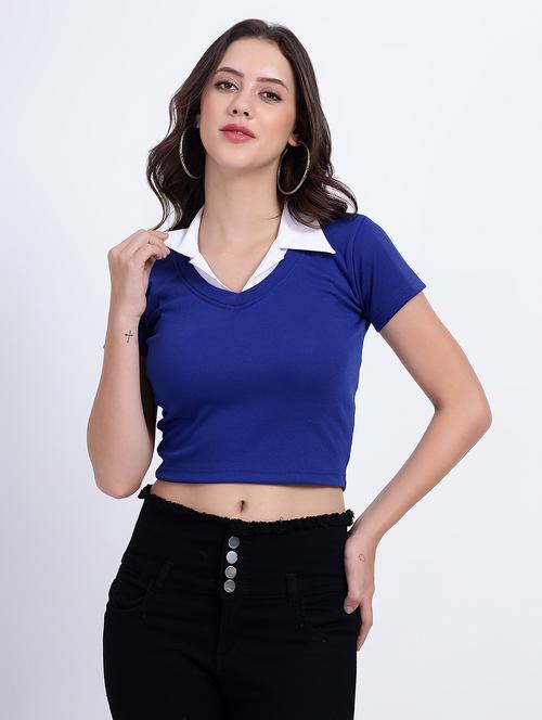 women plain collared cheerleader style crop top - 21738022 - Very Small Image - 1