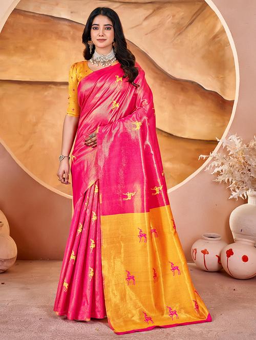 women pink self design banarasi saree with blouse - 21738359 - Very Small Image - 1
