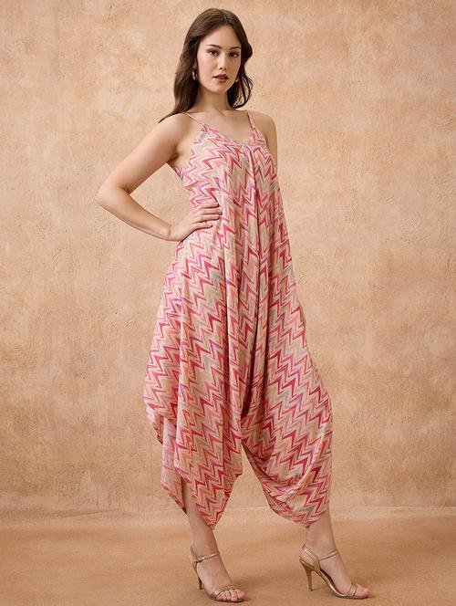 globus women multi abstract print v-neck strappy shoulder waist tie-ups harem style fusion jumpsuit - 21738633 - Very Small Image - 1