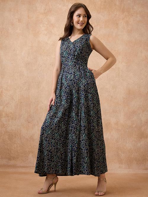 globus women blue v-neck ethnic print flared fusion jumpsuit - 21738634 - Very Small Image - 1