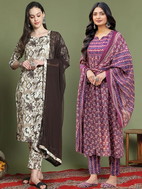 set of 2 printed kurta pant with dupatta set - 21740778 - Very Small Image - 1