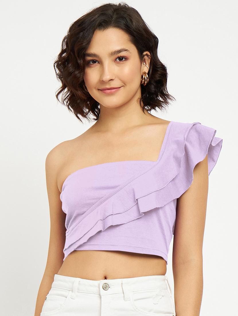 women solid single shoulder crop top - 21741100 - Zoom Image - 0