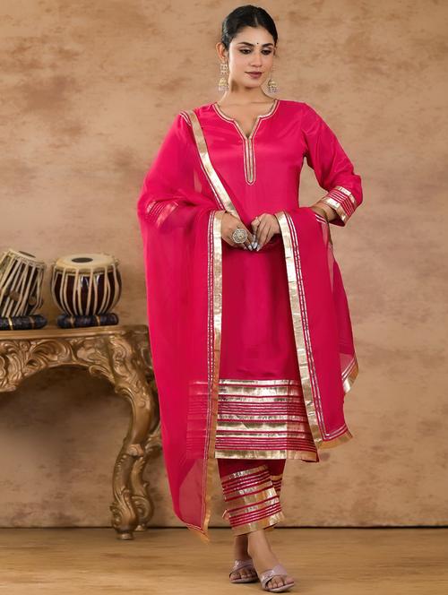 women pink gota work kurt pant set with dupatta - 21742061 - Very Small Image - 1