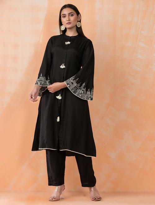 women black printed mandarin neck kurta pant set - 21742063 - Very Small Image - 1