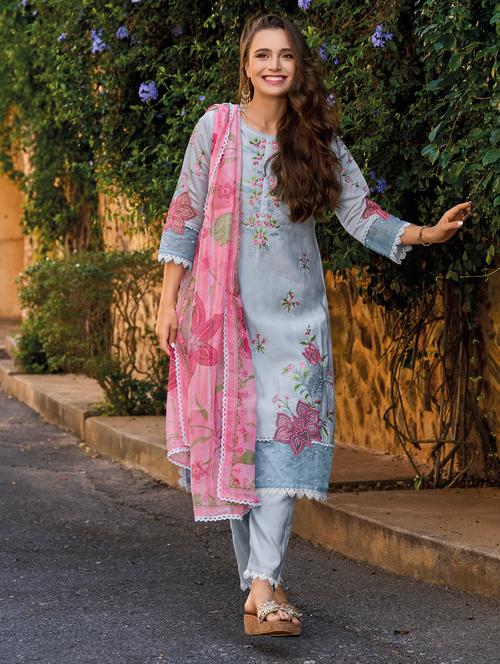 women light blue floral kurta pant set with dupatta - 21742094 - Very Small Image - 1