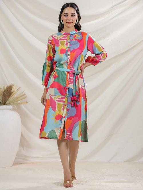 women puff sleeves printed a-line dress - 21742124 - Very Small Image - 1
