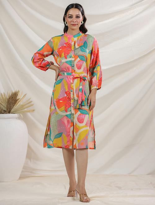 women puff sleeves printed a-line dress - 21742125 - Very Small Image - 1