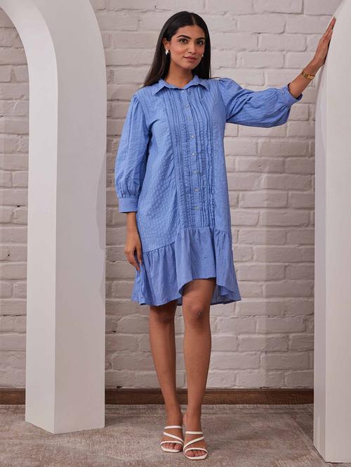 women solid shirt collar neck tiered dress - 21742129 - Very Small Image - 1