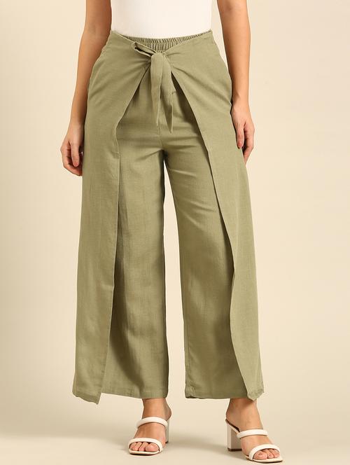 women solid high rise wrap detailed wide leg trouser - 21742181 - Very Small Image - 1