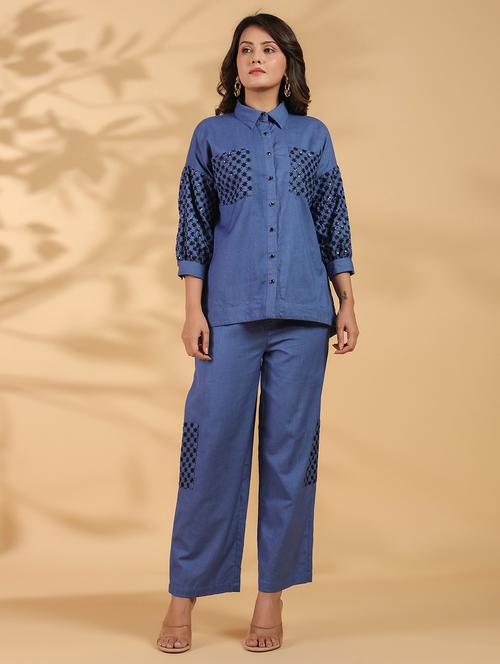 women blue sequin work shirt and trouser co-ords set - 21742305 - Very Small Image - 1
