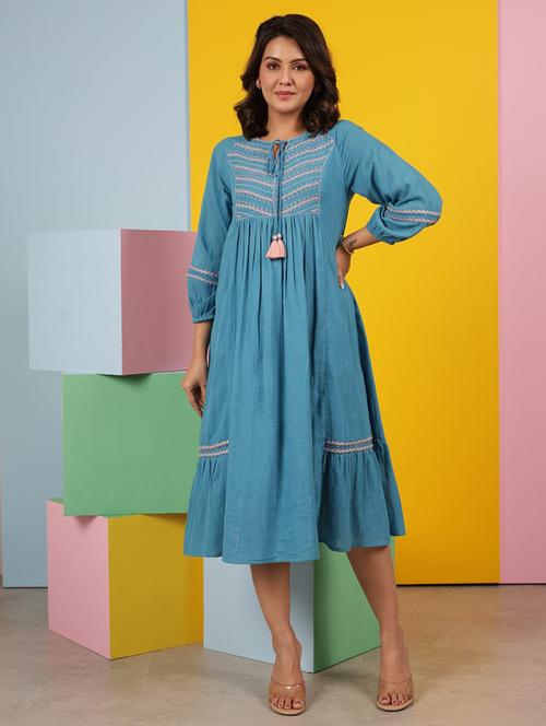 women tie up neck embroidered tiered ethnic dress - 21742318 - Very Small Image - 1