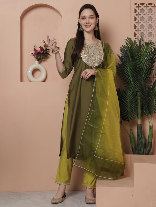 women three quarter sleeve kurta pant with dupatta set - 21743877 - Very Small Image - 1