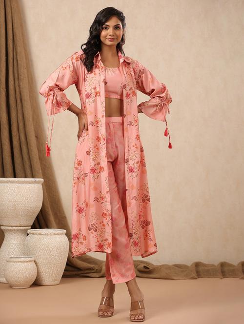 women floral printed crop top and palazzo set with shrug - 21744879 - Very Small Image - 1