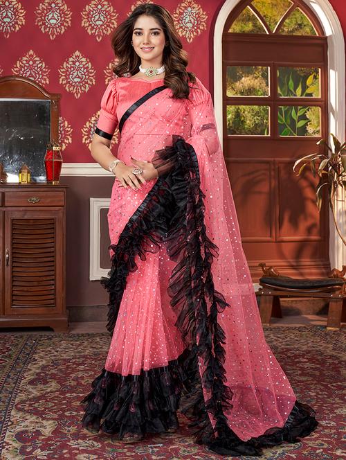 women coral embellished ruffle saree with blouse - 21745546 - Very Small Image - 1
