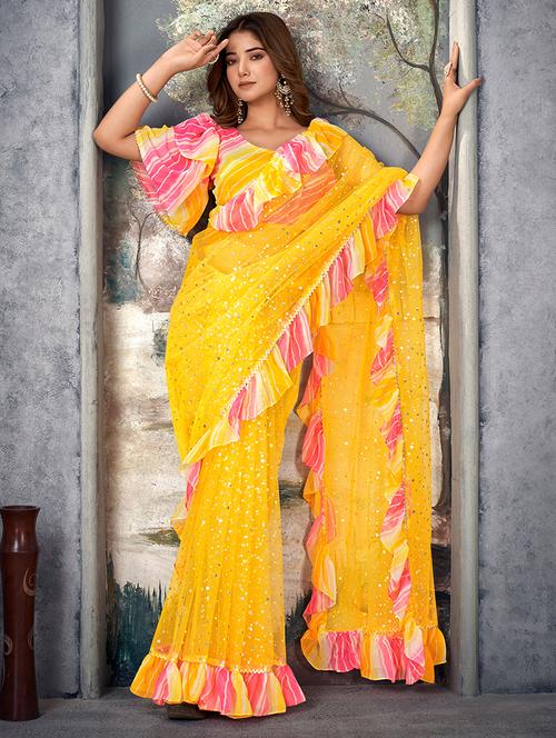women yellow embellished ruffle saree with blouse - 21746077 - Very Small Image - 1