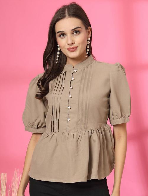 women solid puff sleeves peplum top - 21746495 - Very Small Image - 1